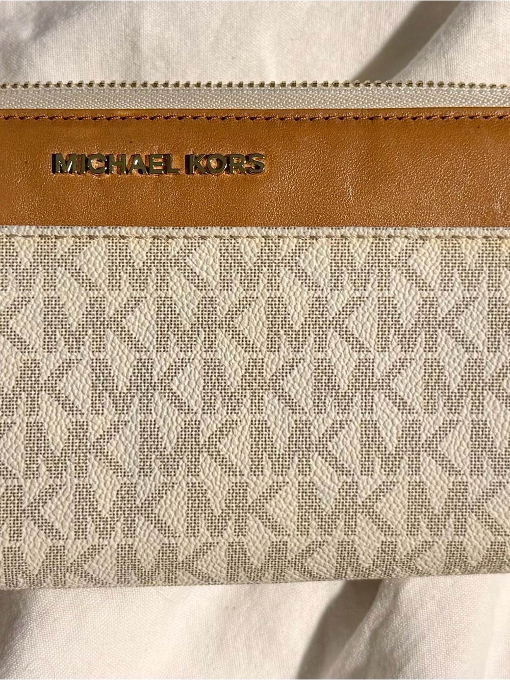 Michael Kors Beige Canvas Wallet Tan Leather Trim